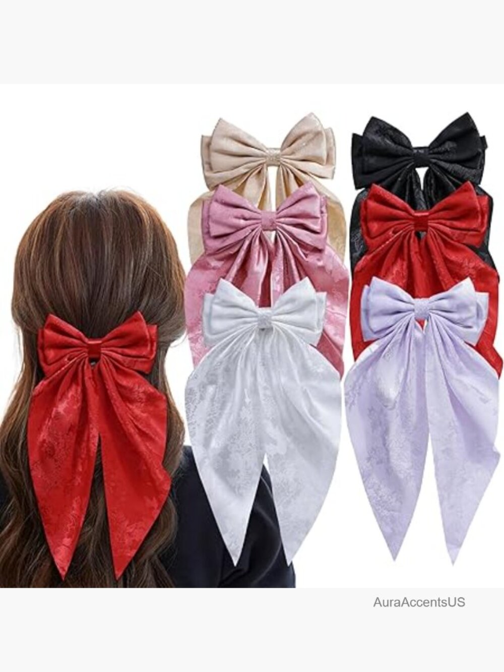 6PCS Satin Hair Bows Clips with Long Tail Handmade French Barrette